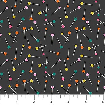 Bits and Bobs Pins on Black by Sarah Hearts for Figo Cotton Quilt Fabric