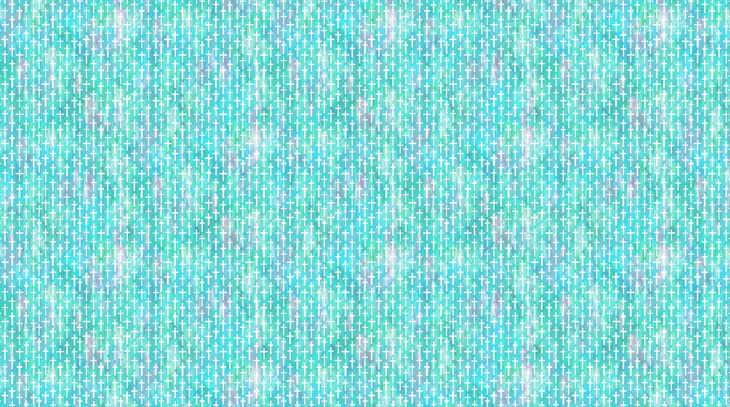 Northcott Risen White Cross on Turquoise fabric by the yard