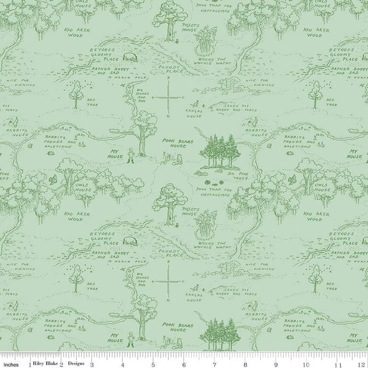 Winnie the Pooh Map Green Fabric by the Yard
