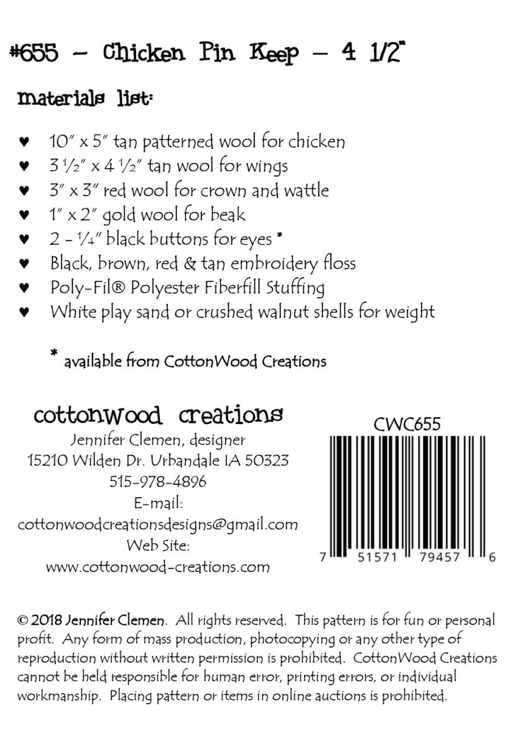 Chicken Pin Keep Pin Cushion Pattern