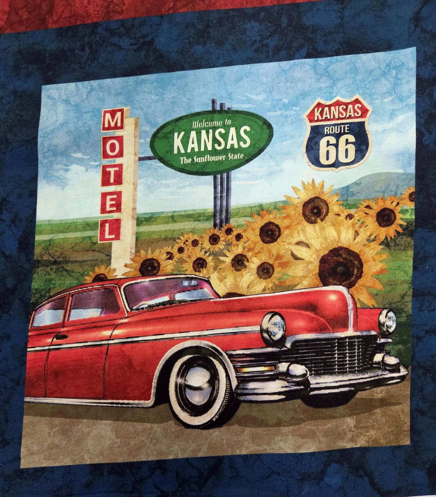 Historic Route 66 Multi Blocks Classic Cars and Motorcycles Cotton Quilt Fabric