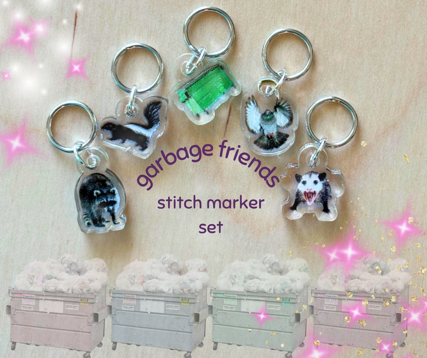 Knitting Stitch Markers - Garbage Friends Dumpster Animals