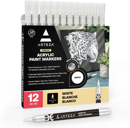 Arteza® Acrylic Markers Pack, Fine Nib - White, 12 pc.