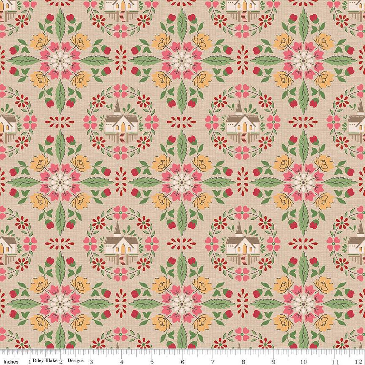 Riley Blake/Lori Holt Home Town Holiday Chapel Teadye Cotton Quilt Fabric 44"