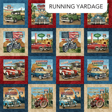 Historic Route 66 Multi Blocks Classic Cars and Motorcycles Cotton Quilt Fabric