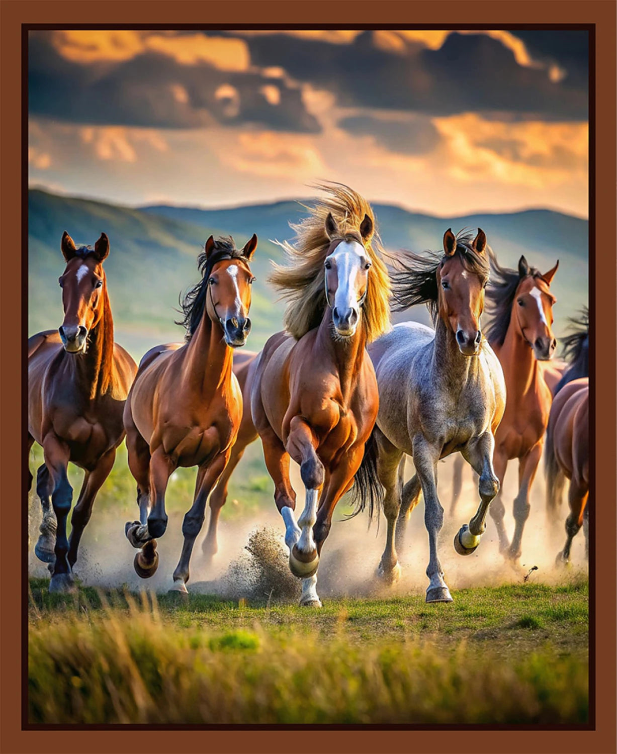 36in Cotton Fabric Panel Running Free Horses
