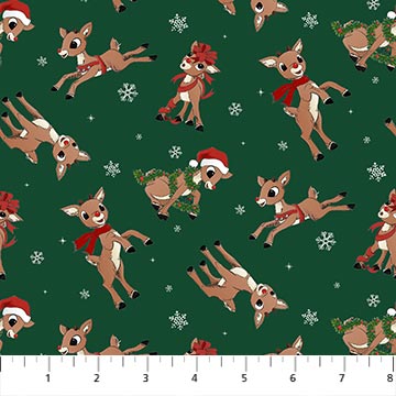 Rudolph The Red-Nosed Reindeer Dark Green Rudolph Toss by Northcott Cotton Quilt Fabric