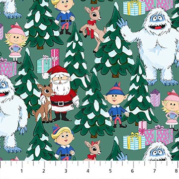 Rudolph The Red-Nosed Reindeer Light Spruce Scene by Northcott Cotton Quilt Fabric