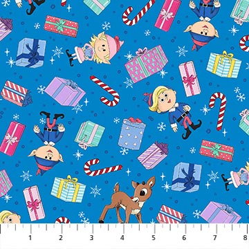 Rudolph The Red-Nosed Reindeer Blue Presents by Northcott Cotton Quilt Fabric