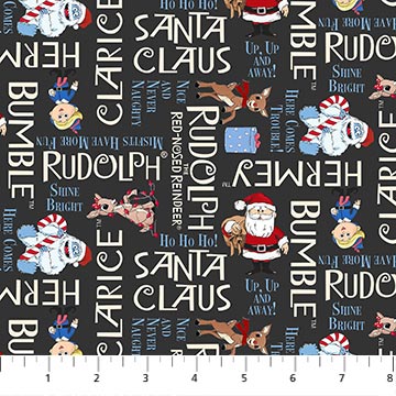 Rudolph The Red-Nosed Reindeer Phrases in Charcoal by Northcott Cotton Quilt Fabric