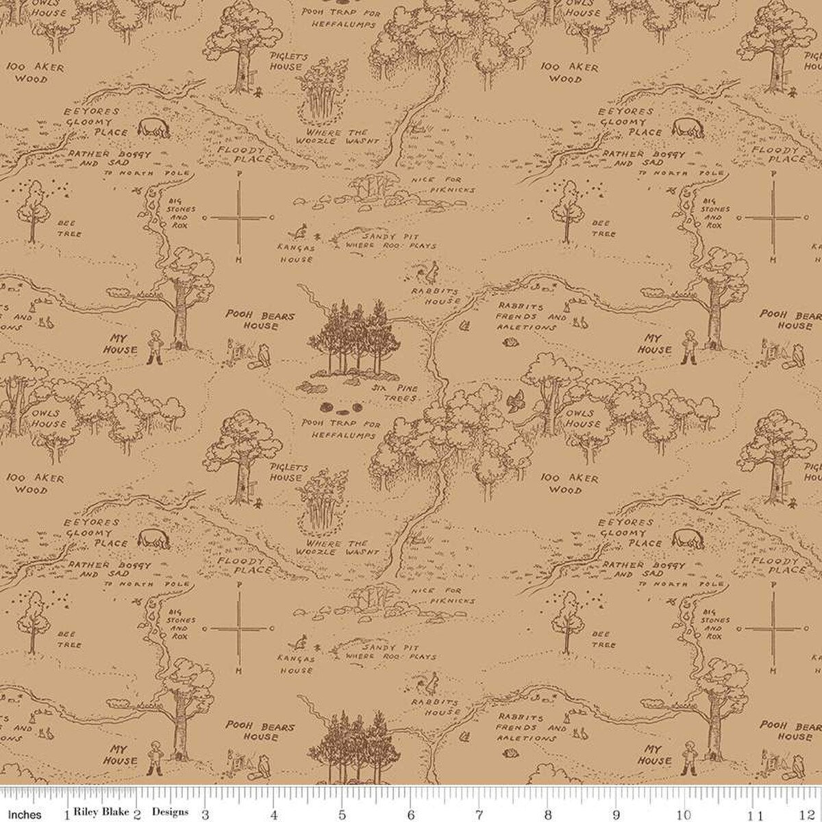 Winnie the Pooh Map Brown Fabric by the Yard