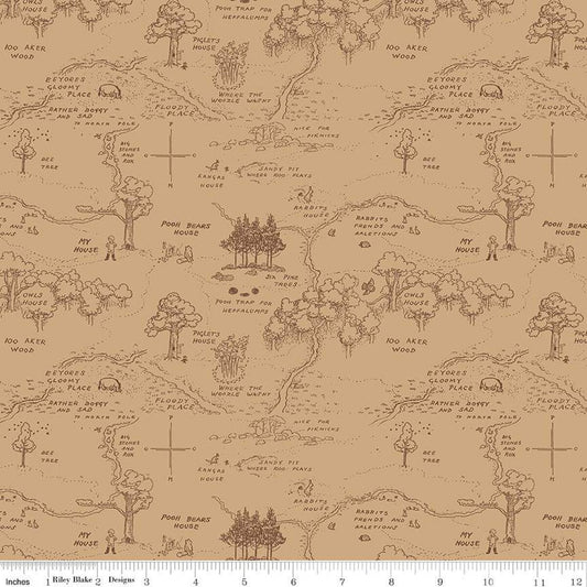 Winnie the Pooh Map Brown Fabric by the Yard