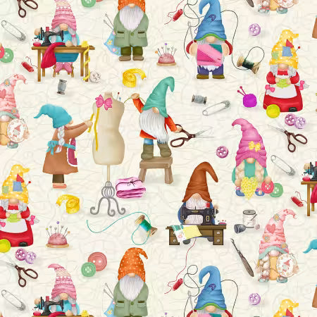 Cream Sewing Gnomes Fabric by the Yard