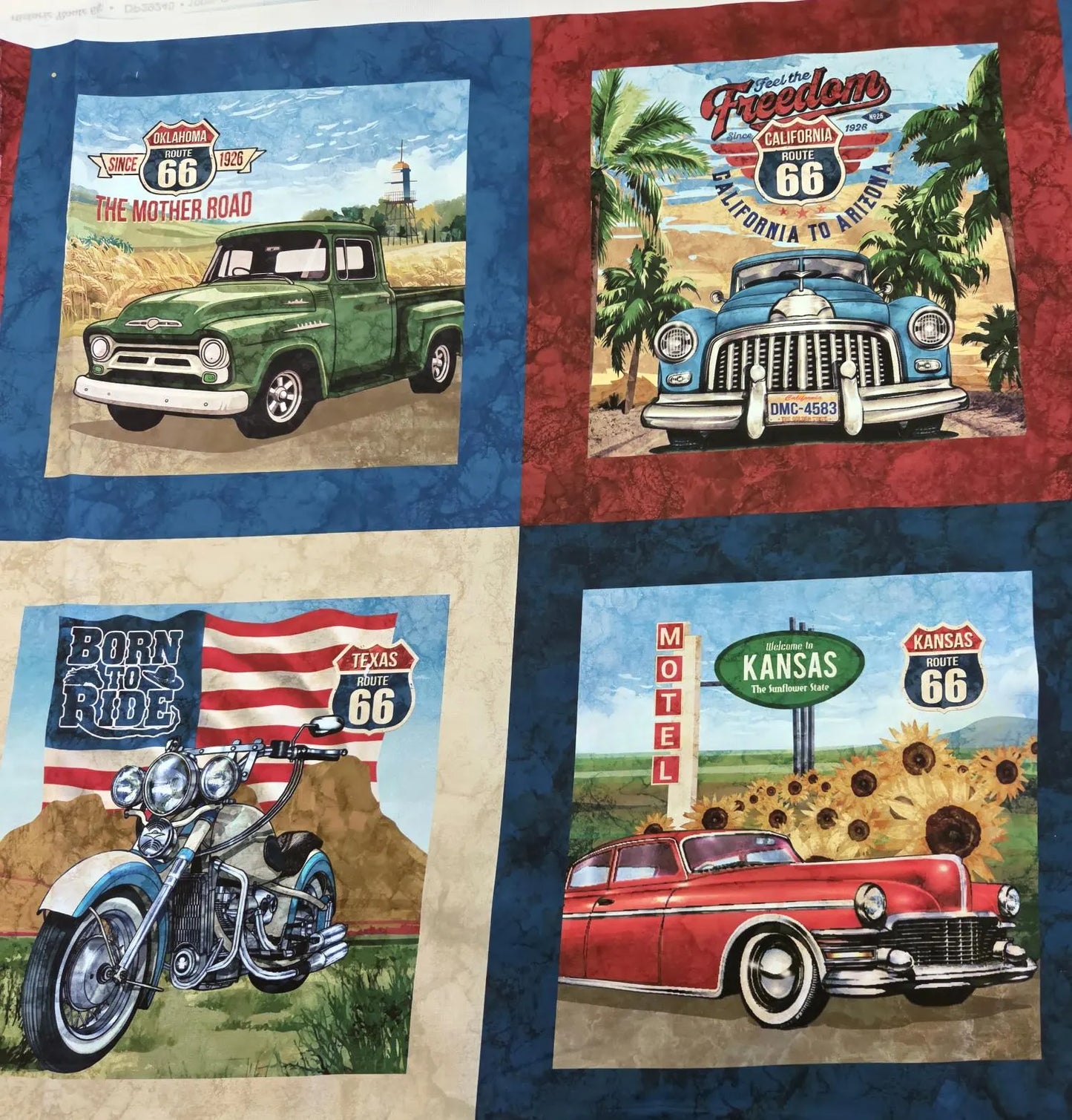Historic Route 66 Multi Blocks Classic Cars and Motorcycles Cotton Quilt Fabric
