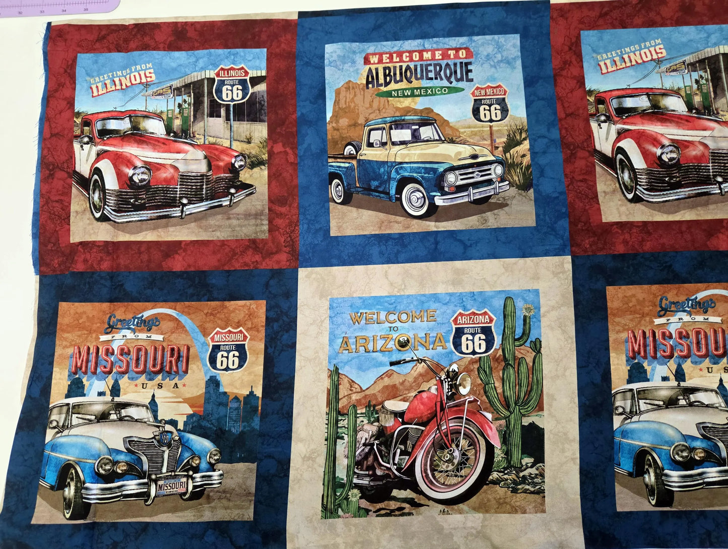 Historic Route 66 Multi Blocks Classic Cars and Motorcycles Cotton Quilt Fabric
