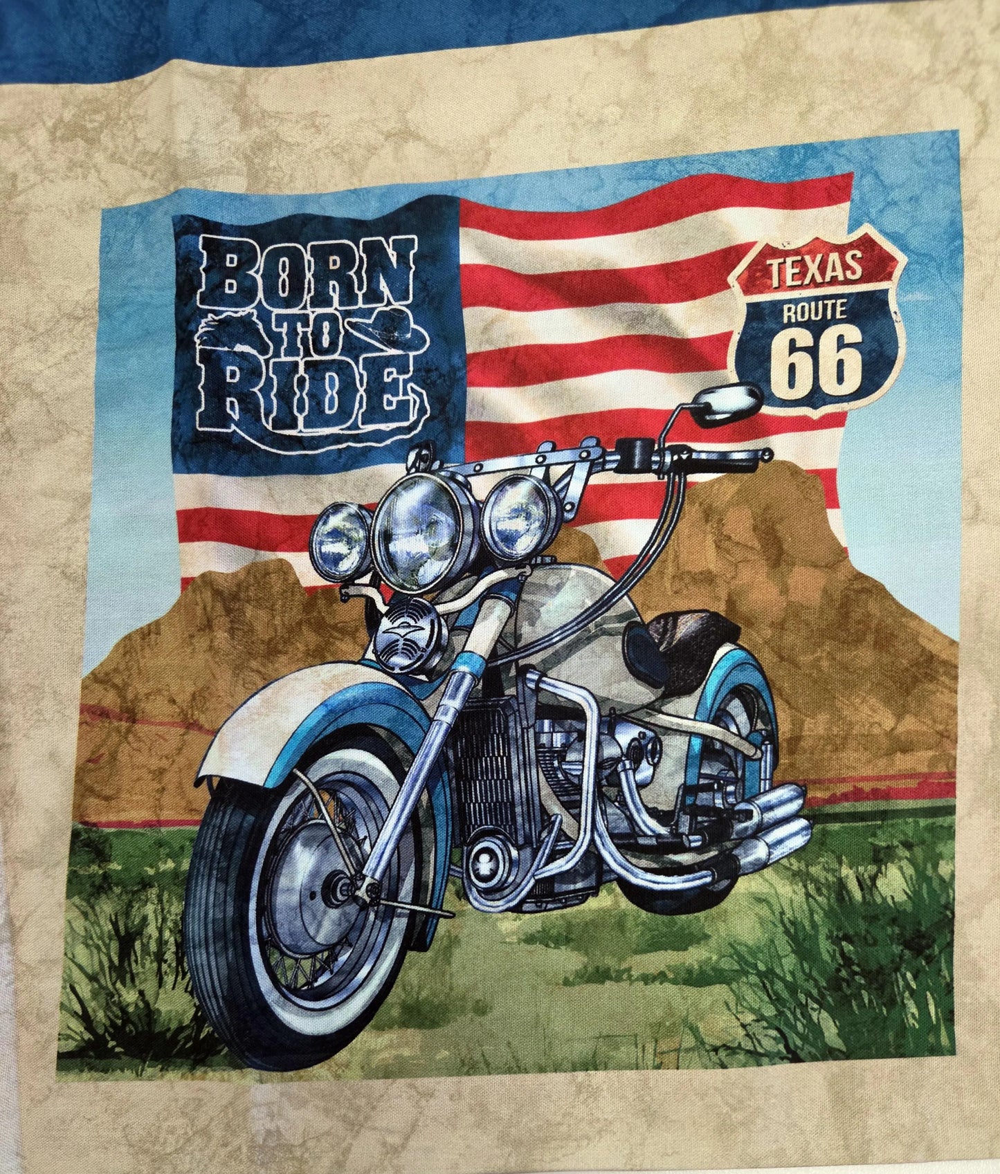 Historic Route 66 Multi Blocks Classic Cars and Motorcycles Cotton Quilt Fabric